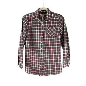 Heritage Bass Womens Red Plaid Long-Sleeve Button-Up Shirt M Cotton Blend Casual